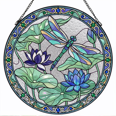 Dragonfly Lotus Stained Glass Window Panel，12"H
