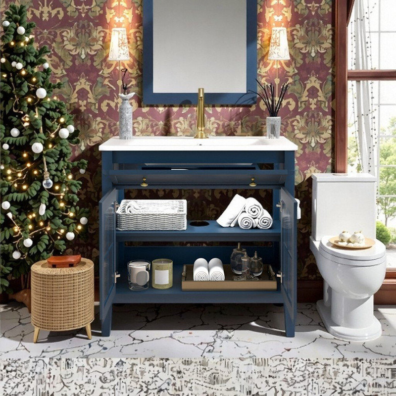 Meuble-lavabo 36 po avec éclairage à capteur de mouvement et lavabo en céramique intégré, Bleu