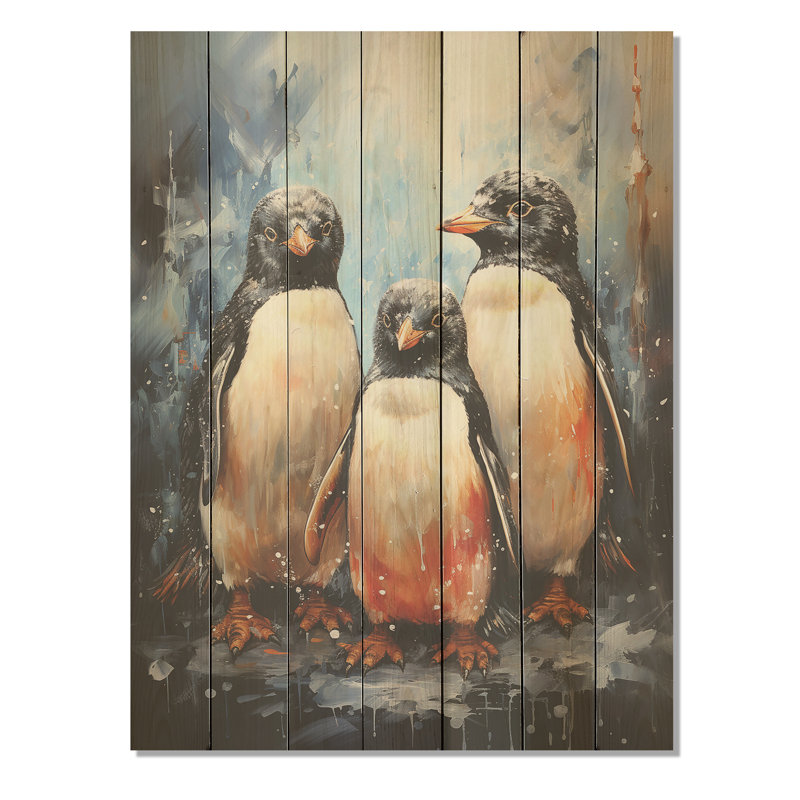 Winter Feathers Penguin Family - Pingouin sur impression sur bois, H 44 po x l 34 po
