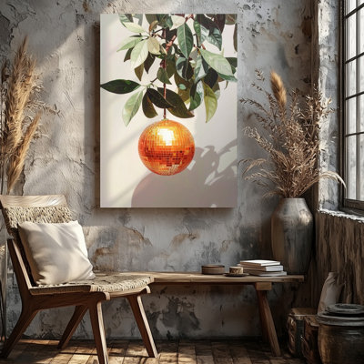 Art mural mural sur toile disco fantaisiste boule de canevas, orange fête d'art prêt à être accroché galerie décor moderne