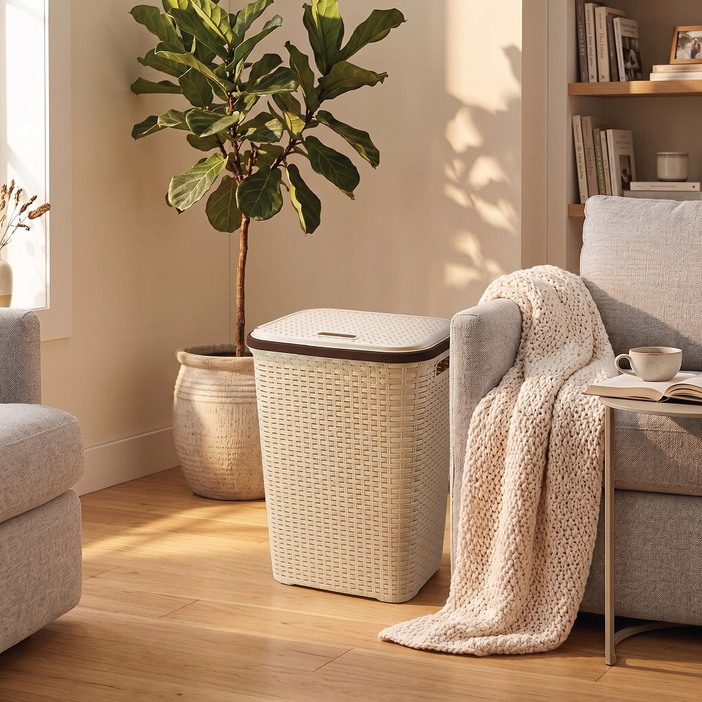 65L Large Laundry Hamper with Lid – Plastic Rattan Effect Laundry Basket for Dirty Clothes Storage – Space Saving Washing Basket with Handles