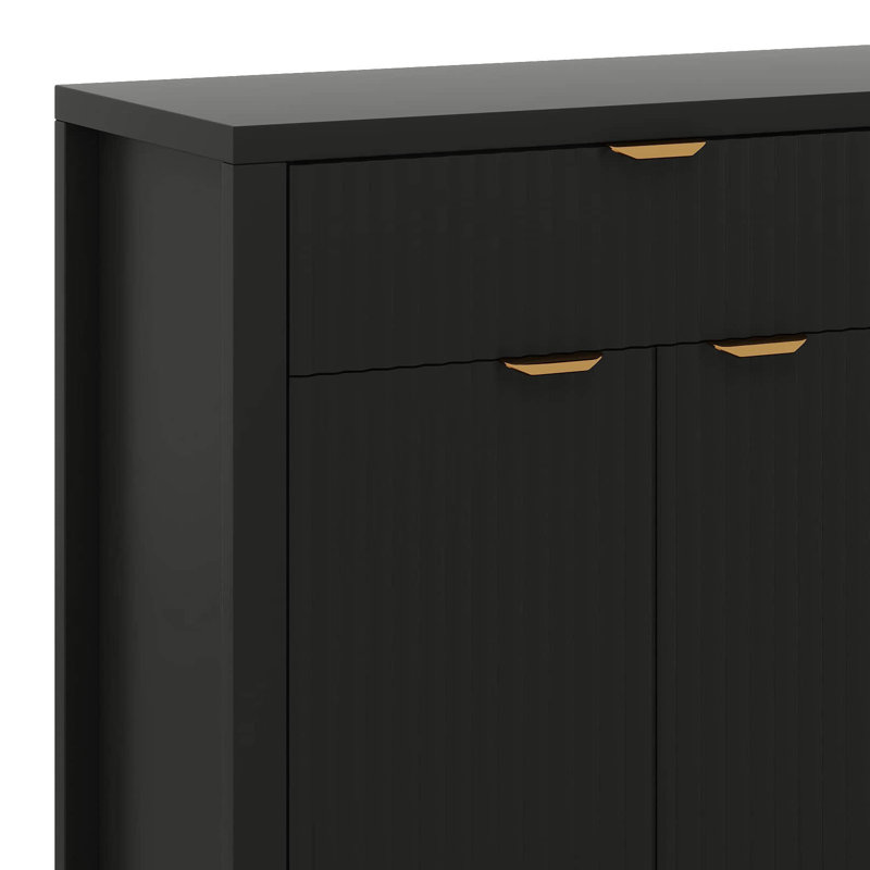 Modern Wave-Pattern Sideboard Cabinet With 2 Drawers And 4 Doors, 3-Level Adjustable Shelves, Black