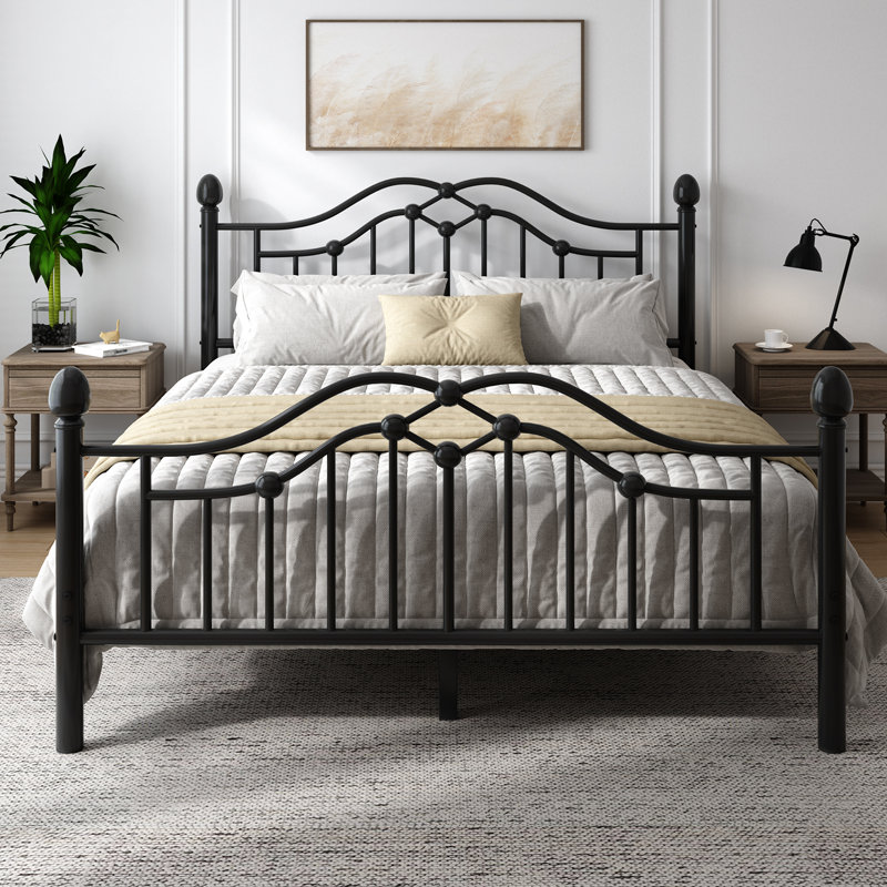 Metal Platform Bed with Victorian Style Headboard and Footboard，Sturdy Steel Slat Support, Underbed Storage, Black, Queen