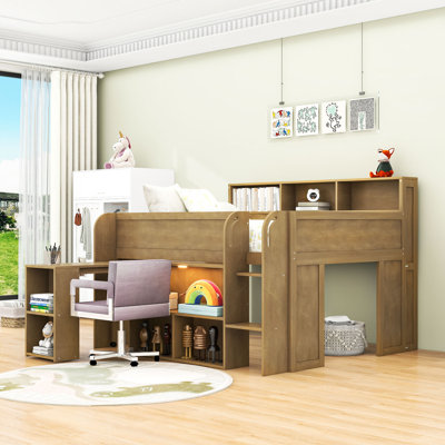 Wood Loft Bed with Desk, LED Light and Storage Shelves