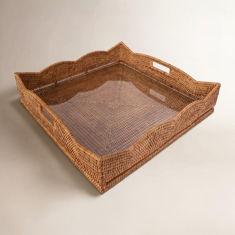 Landry Handmade Rattan Tray, With Glass, 4.5" H x 20" W x 20" D, Honey Brown