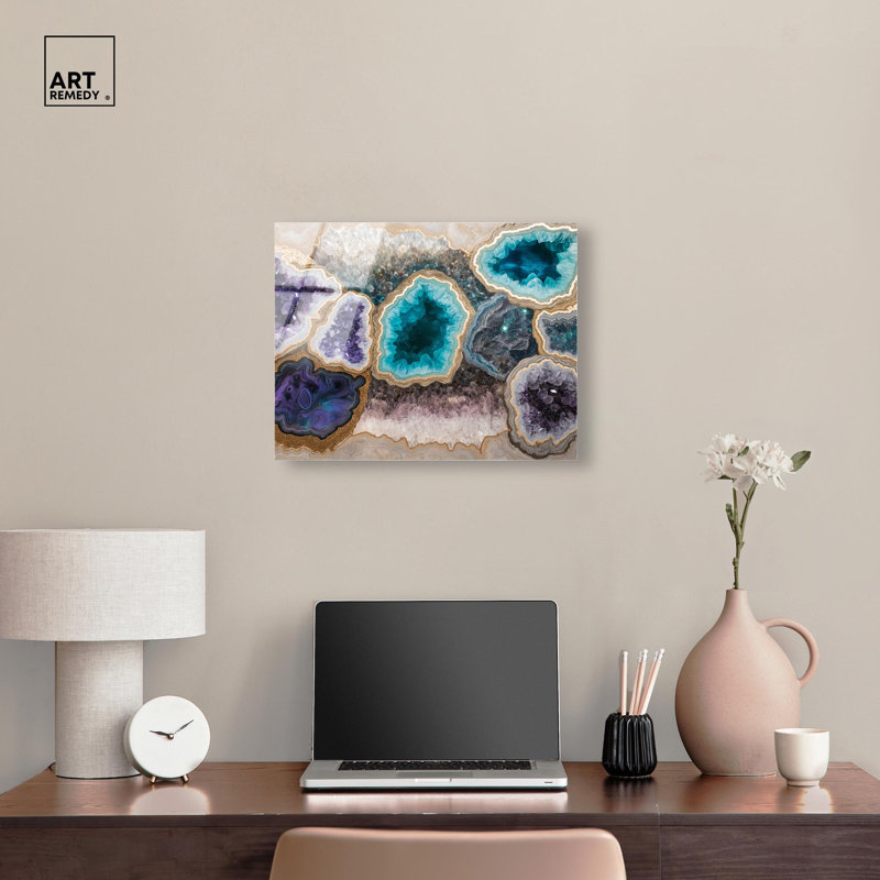 Géode bleue multicolore minérale, art par Art Remedy, prête à être accrochée, H 16 po x l 20 po