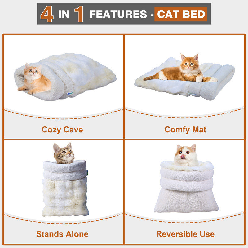  GOOPAWS 4 in 1 Self Warming Burrow Cat Bed, Pet Hideway Sleeping Cuddle Cave, Cream, Cream