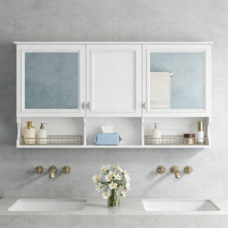 Armoire à pharmacie 55 po à miroir mural avec tablettes ouvertes, rangement réglable et portes à fermeture en douceur