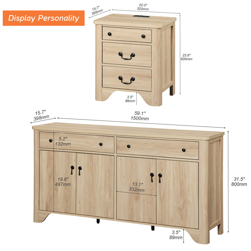Ensemble de commode et de table de chevet moderne et minimaliste 2 pièces pour commode en bois avec tablettes réglables
