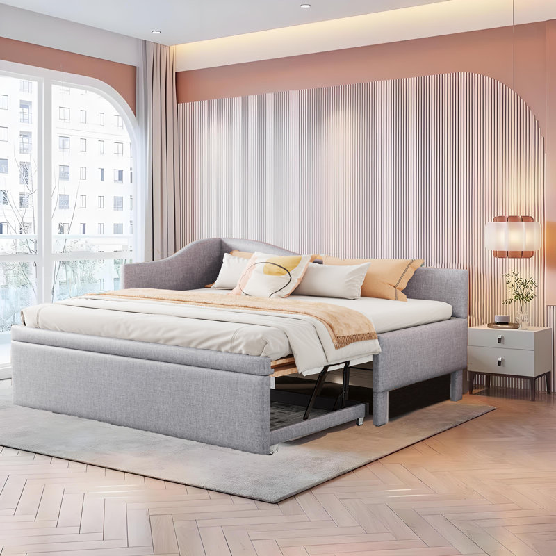 Twin Size Upholstered L-Shaped Upholstered Daybed With Pop Up Trundle, Gray