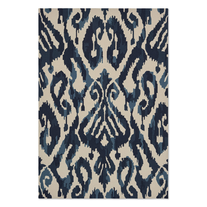 Kasuri Hand Hooked Ikat Area Rug in Indigo/Ivory, Rectangle 6'7" x 9'2"