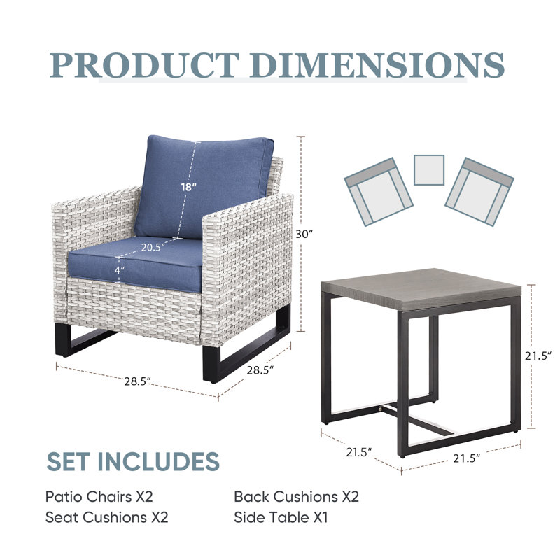 Naresa 3-Piece Wicker Patio Chair Set With Side Table  All-Weather PE Rattan, UV-Resistant Cushions, Light Gray, Blue