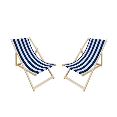 Populus Wood Sling Chair Blue Stripe Broad Blue Stripe (Color: Dark Blue) Folding Chaise Lounge Chair-2Pcs