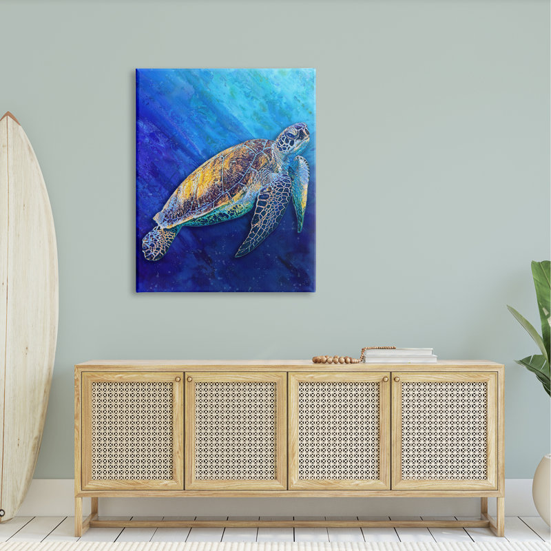 Sea Turtle Swimming Deep Blue Ocean Under Water by Alpenglow Workshop - Painting, Canvas, 36" W x 48" H