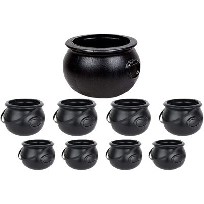 PMU Halloween Plastic Cauldron, 9pc Set Multi-Pack Assortment (1) 16" 20115, (4) 8" 55280, (4) 6
