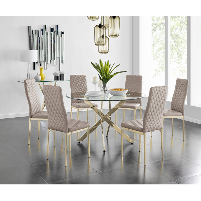 Tierra Modern Chrome Metal & Glass Round Dining Table Set with 6 Quilted Faux Leather Chairs, Cappuccino