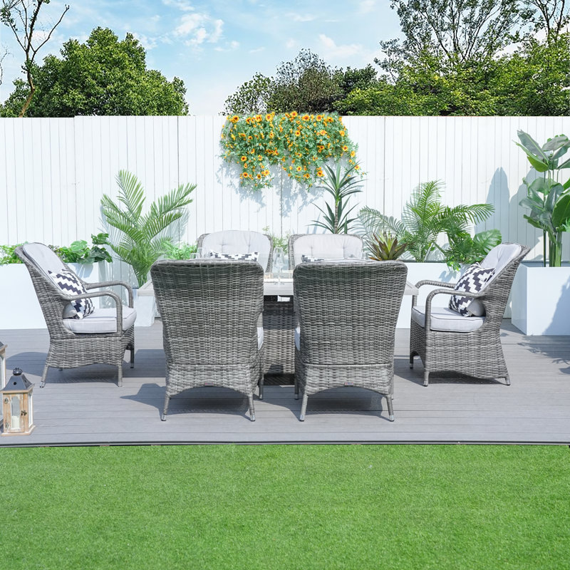 6 - Person Wicker Patio Dining Set with Rectangular Table , Cushions Included, Gray, Gray