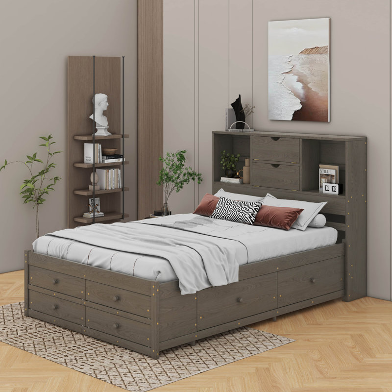 Lit plateforme avec tête de rangement et 8 tiroirs Billington, Gris, Très grand