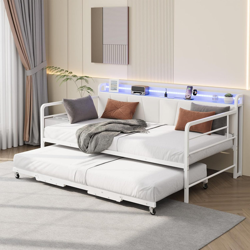 Daybed with Trundle and LED Light, Sturdy Metal Twin Size Bed Frame with Linen Upholstered Headboard and Charging Station, for Living Room, Bedroom and Guest Room, White