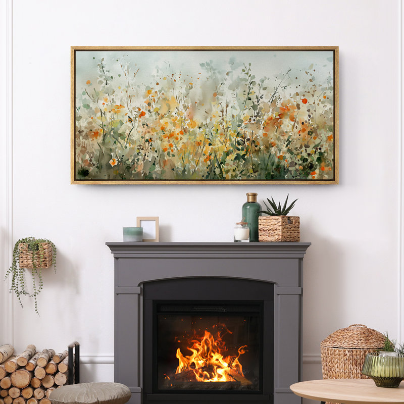 Green Orange Abstract Wildflowers Artwork, Watercolor Paint Strokes Effect Wall Pictures, Giclee Canvas Digital Print Extra Large Framed Wall Art
