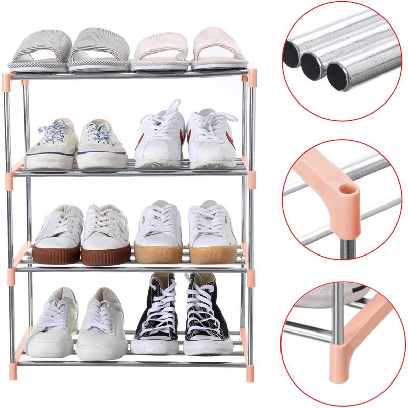 Pink and Silver 4-Tier Stackable Shoe Rack for Entryway