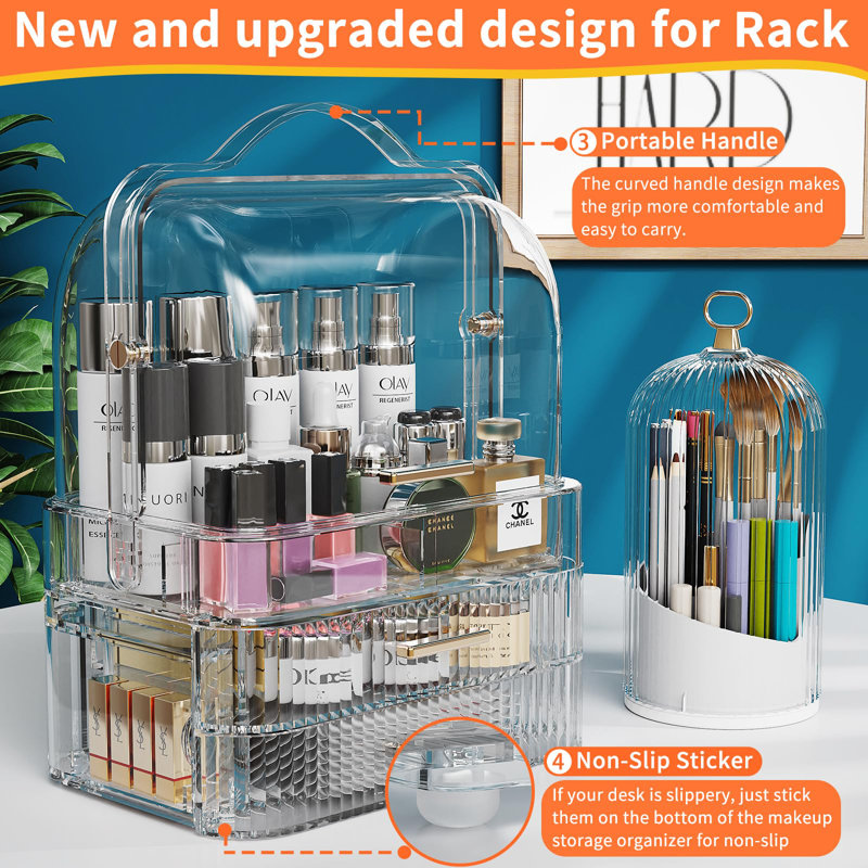 Orren Ellis Makeup Organizers Skincare Organizers With 2-Layer Box And Transparent Cover Waterproof Dustproof Cosmetics Display Cases With Brush Holder For Vanity Countertop Bathroom Dresser Bedroom(Clear)