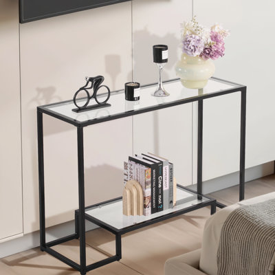 2-Tier Glass Console Table, Modern Rectangle Sofa Side Table with Tempered Glass Top and Iron Legs, Consloe Desk with Anti-Tip Device for Living Room, Hallway, Entryway, Foyer