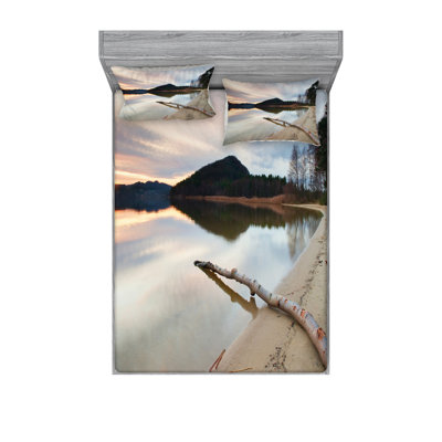 Landscape of Lake Shoreline with the Dead Tree Trunk in the Water Patterned Fitted Sheet