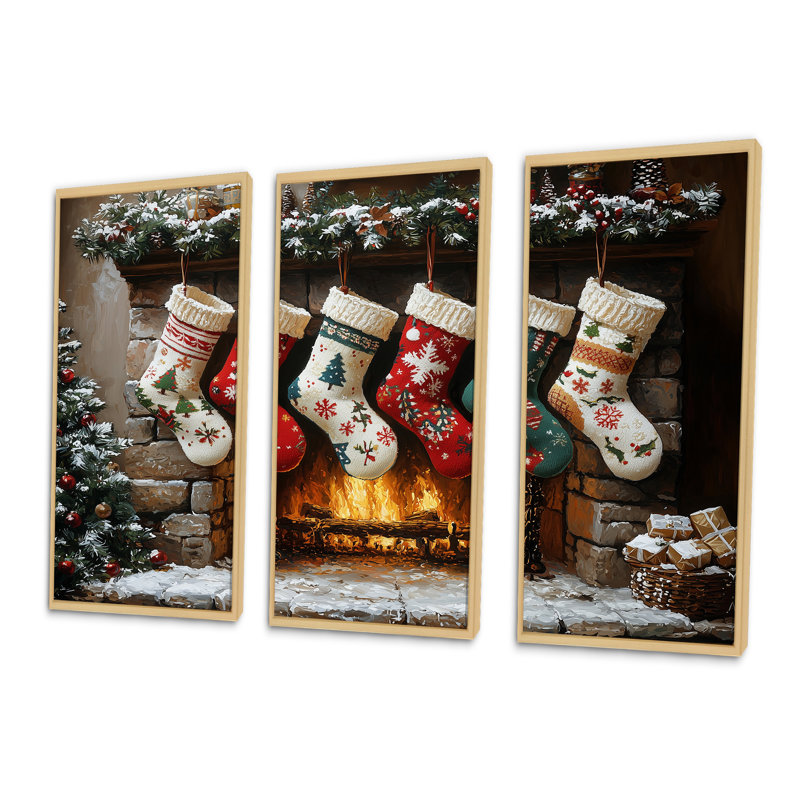 Chaussettes de Noël vertes - ensemble de décorations murales de Noël, Toile naturelle avec cadre flottant