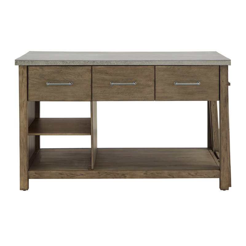 Tinka 3-Drawer Rectangle Pine Kitchen Island, Concrete Veneer, Gray