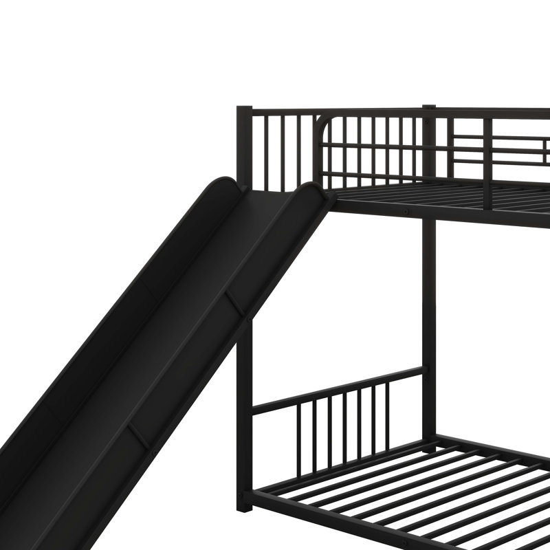 Sturdy Metal Bunk Bed With Slide, Twin Over Twin Design, Black
