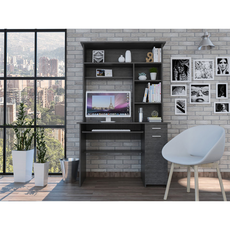 Bureau d'ordinateur à 2 tiroirs à 2 tiroirs avec huche, Gris