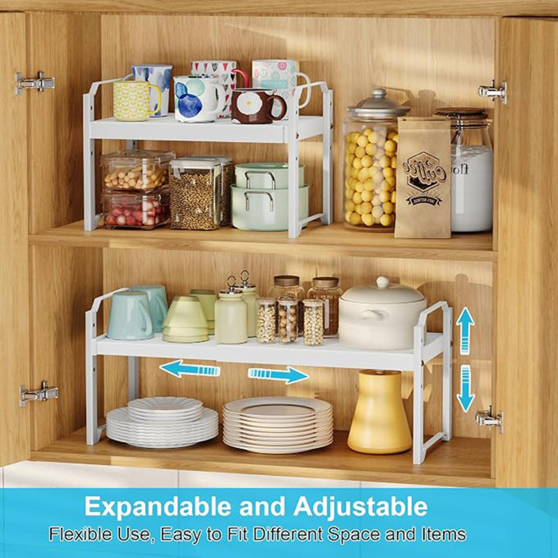 Organisateurs de tablettes d'armoires de cuisine de 15,5 à 25,5 pouces, organisateur de tablettes de comptoir de cuisine réglables, ensemble de 4 tablettes de rangement de comptoir extensibles, conception empilable, 30 lb robuste, économiseur d'espace