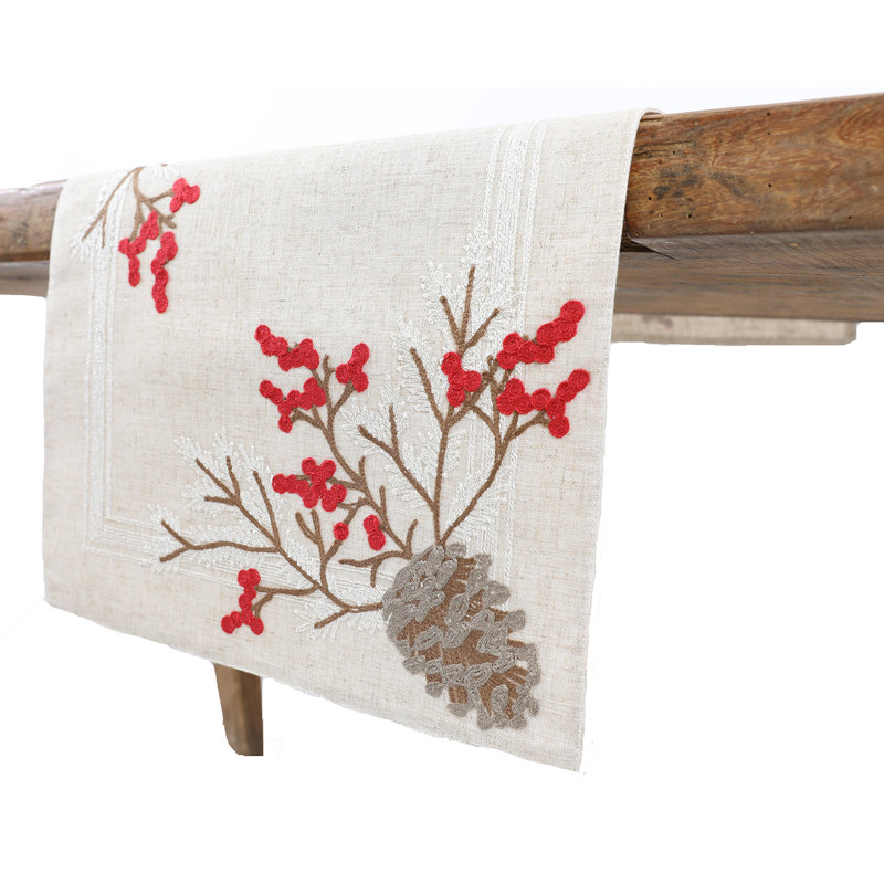 Iron Acton Christmas Pine Cone Crewel Embroidered Table Runner, 36" L x 16" W