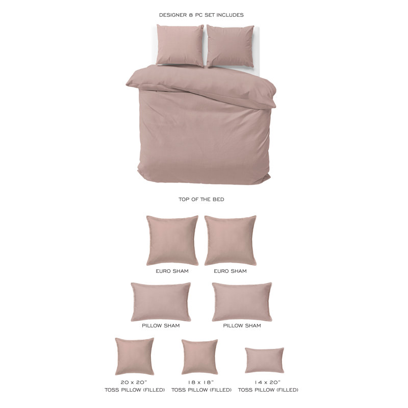 Elsie Linen Look Coverlet 8 Piece Designer Set, SuperQueen Coverlet/Bedspread + 7 Additional Piece, French Pink