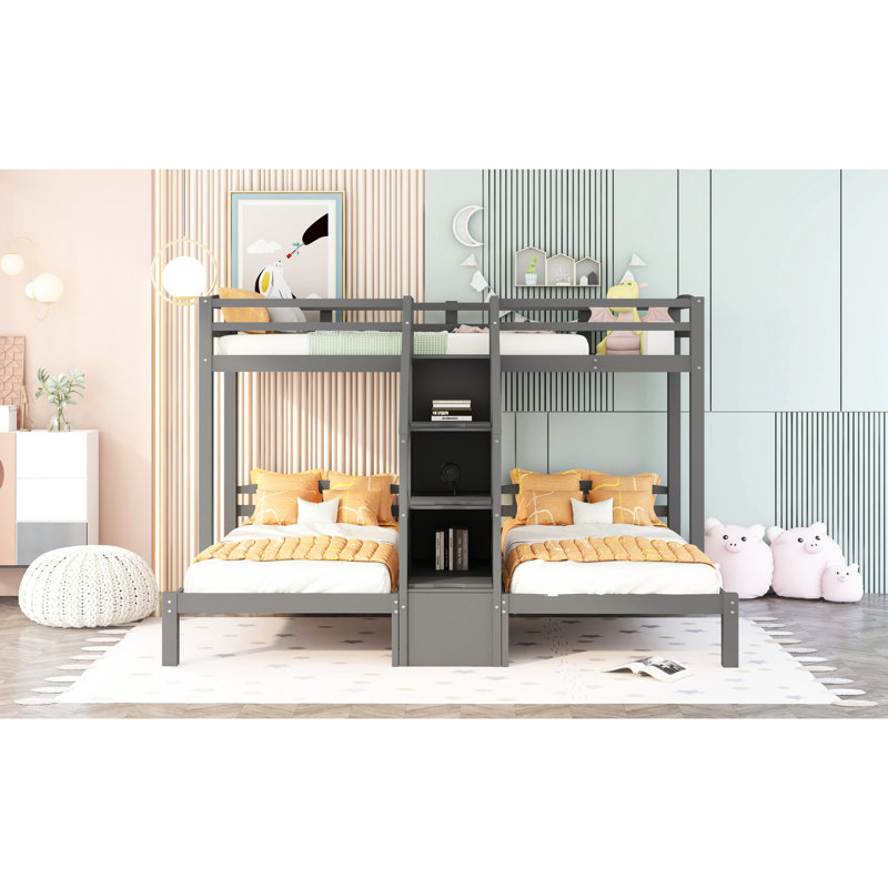 Lit simple superposé au-dessus de gris avec escalier et boîte - crée une étagère de chambre à coucher compacte fonctionnelle et polyvalente