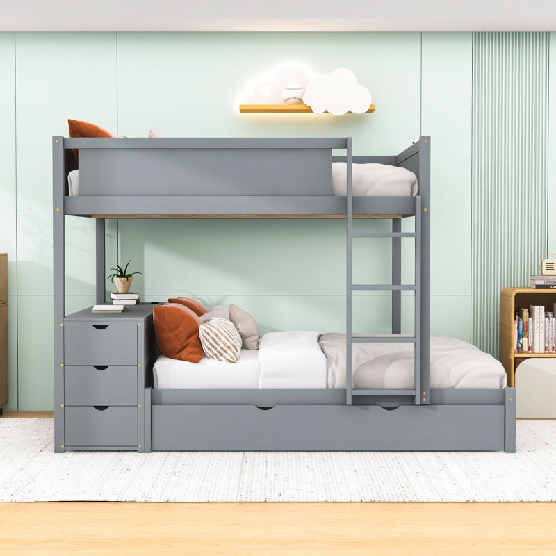 Lit superposé avec lit gigogne simple, prises USB et tiroirs de rangement, échelle, Gris, Lit superposé double sur double