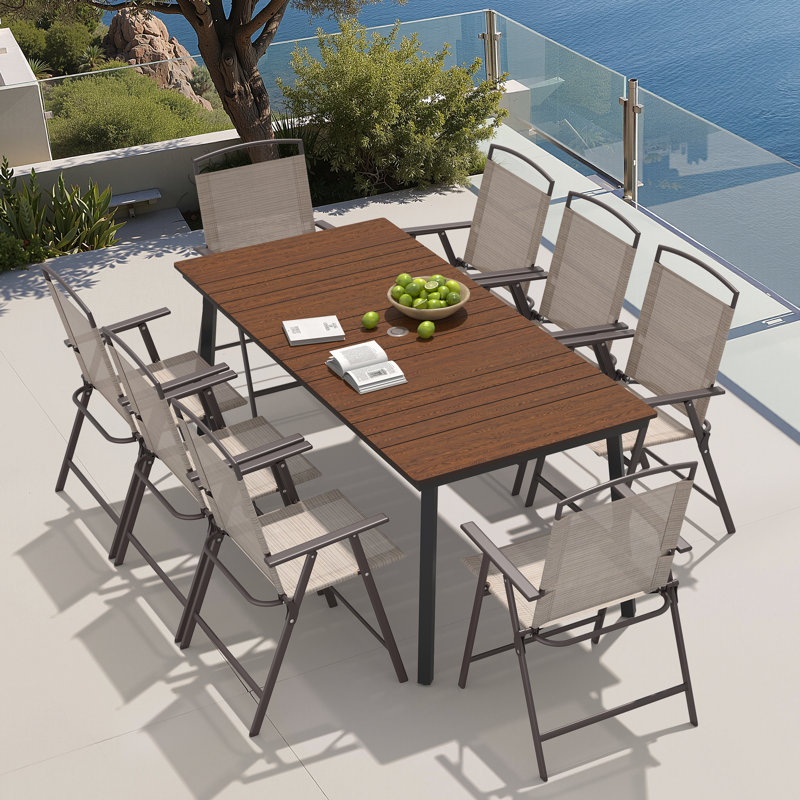  8 - Person Metal Patio Diining Set With Foldable Chairs And Umbrella Hole, Walnut, Beige