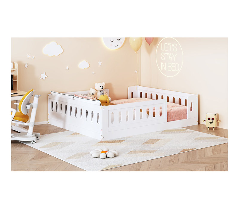 Lit plateforme double en bois avec garde-corps de sécurité - Base de lit pour enfants en bois massif blanc, Blanc