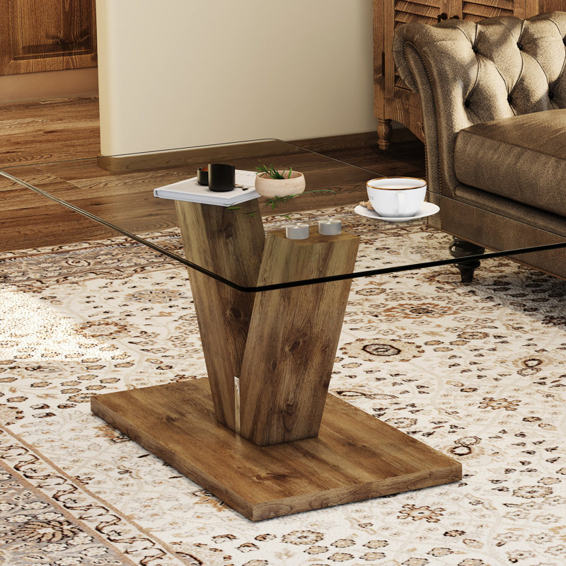 Table basse de bureau transparente avec matériau et autocollant grain de bois Composants modernes en verre transparent minimaliste