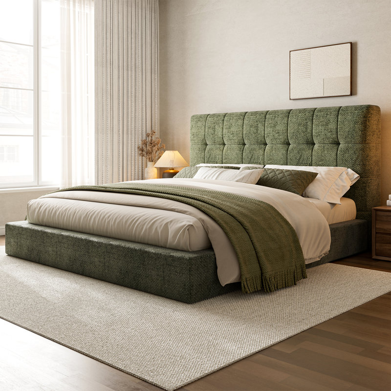 Lit plateforme tapissier touffeté, Queen, Green