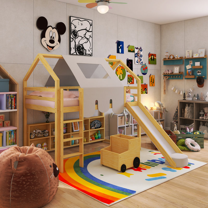Lit mezzanine simple en bois avec tente, Naturel ; beige