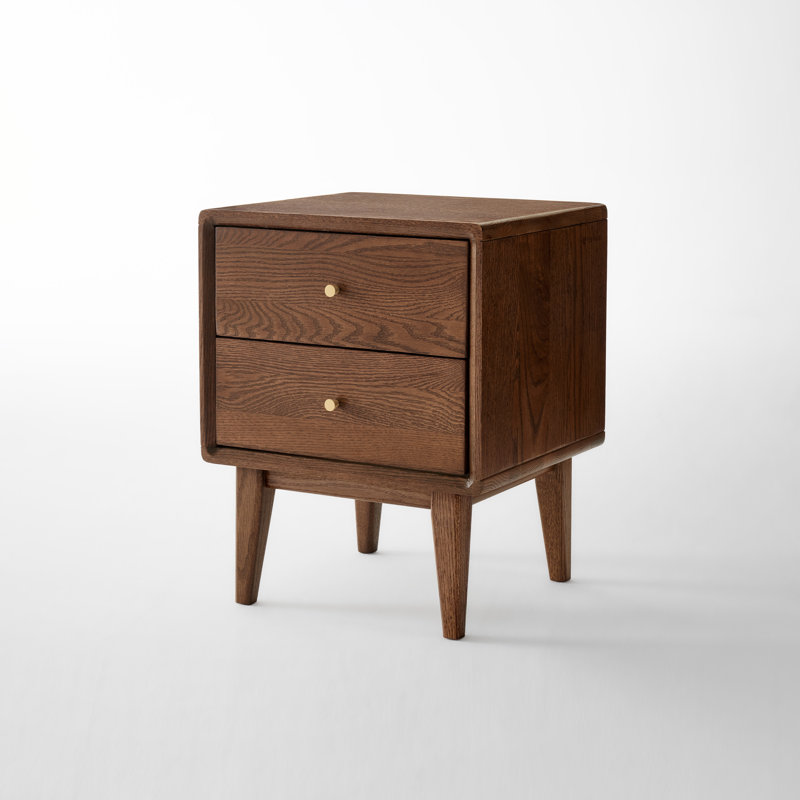 Set of 2 MCM Solid Oak Low & Narrow Nightstands with 2 Drawers, Brown Oak