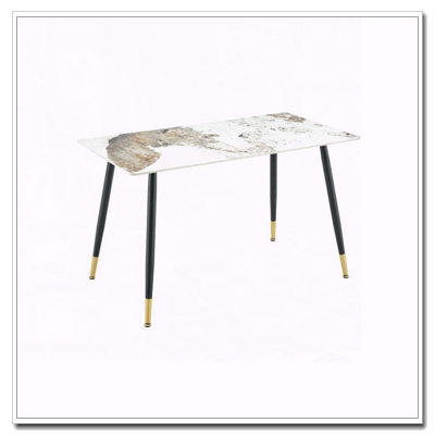 Modern Rectangular Sintered Stone Dining Table with Gold-Plated Base