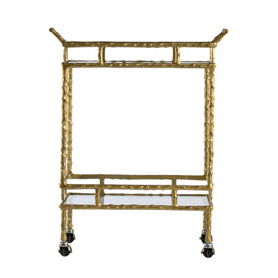 Chariot-bar à deux niveaux en aluminium et verre avec laiton antique, poignées de tablettes pour la décoration de salon 23,5 x 13,5 x 30 po