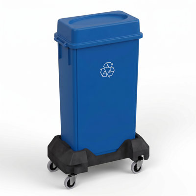 23 Gallon Blue Slim Rectangular Plastic Recycling Trash Can with Drop Shot Lid & Rolling Dolly