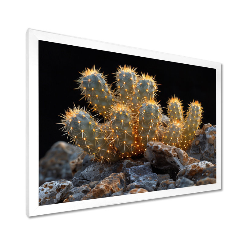 Cactus jaune, jaune, noir, coucher de soleil, cactus floral, salon, Toile encadrée blanche avec une seule photo