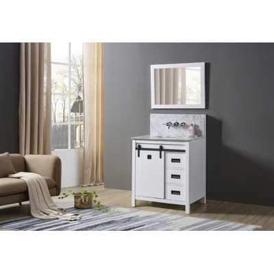 32 " W Freestanding Standard Free Standing 1 Single Vanity Bathroom Vanity With Marble Top with Mirror