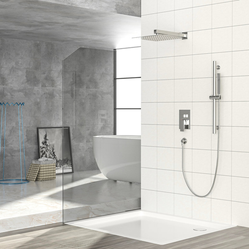 Douche murale en nickel brossé carré de 12 pouces - Barre coulissante réglable, soupape équilibrée et système de composants portatifs