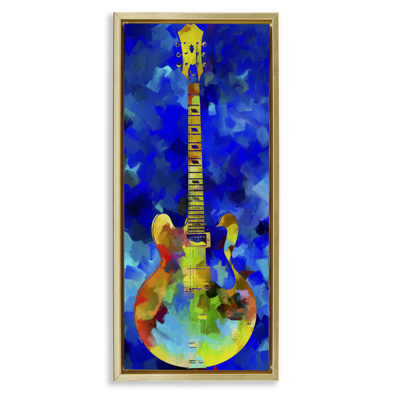Abstrait guitare sur toile bleue encadrée par Dan Sproul, Cadre flottant métallique doré, H 25 po x l 11 po